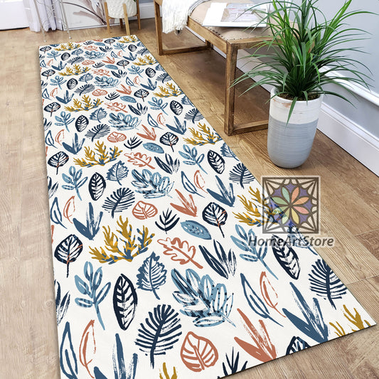 Leaf Pattern Runner Rug, Modern Runner Rug, Boho Hallway Runner Mat, Bohemian Decor