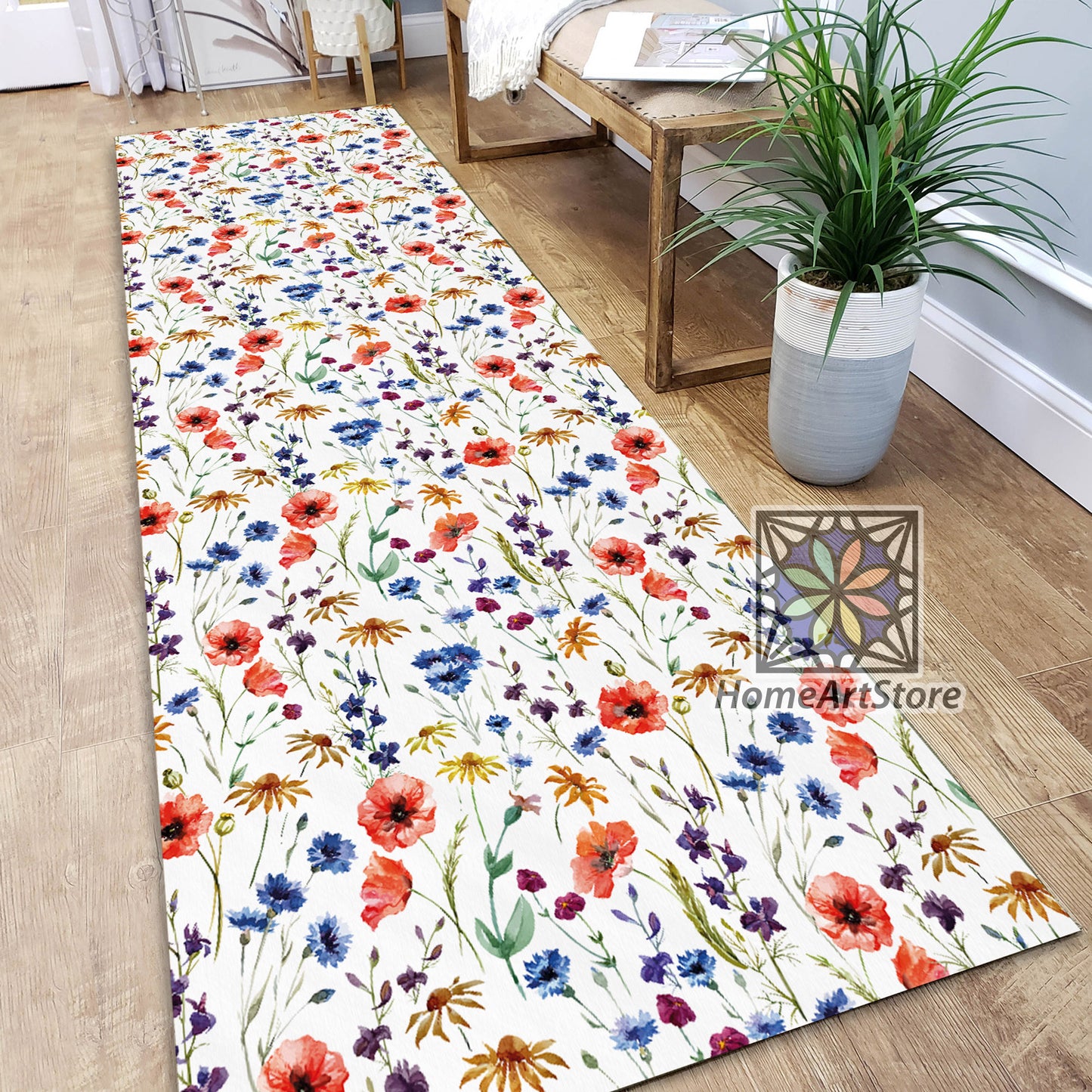 Wildflowers Pattern Runner Rug, Kitchen Runner Mat, Flowers Carpet, Floral Runner Rug, Boho Decor