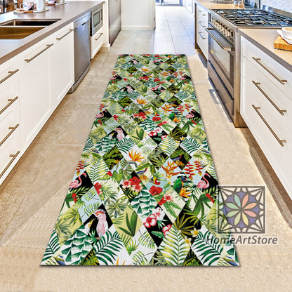 Tropical Pattern Runner Rug, Flamingo, Parrot, Flower Carpet, Kitchen Runner Rug, Hallway Carpet, Hawaii Runner Mat, Leaf Themed Carpet
