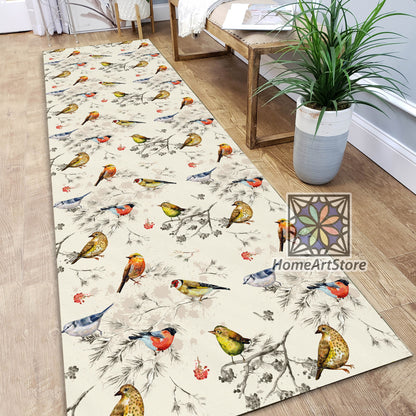 Birds Pattern Runner Rug, Hallway Runner Mat, Decorative Kitchen Runner Carpet, Bird Decor, Boho Home Decor