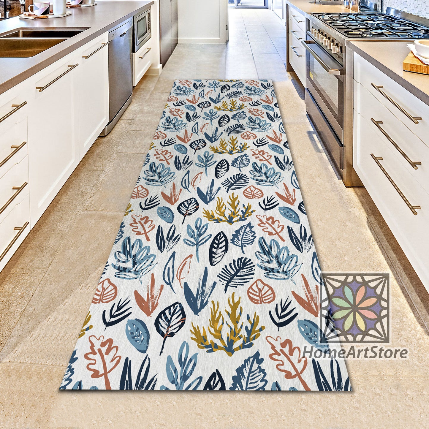 Leaf Pattern Runner Rug, Modern Runner Rug, Boho Hallway Runner Mat, Bohemian Decor