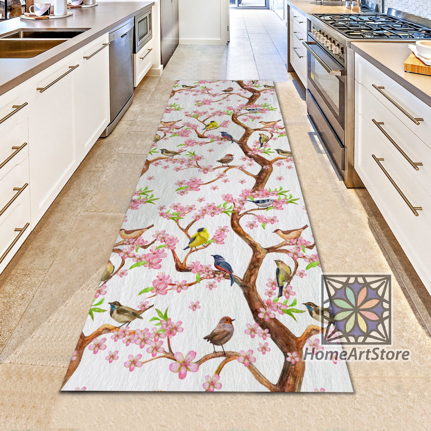 Pink Flower Blossoms Pattern Rug, Colorful Bird Carpet, Boho Style Runner Rug, Hallway Runner Rug,