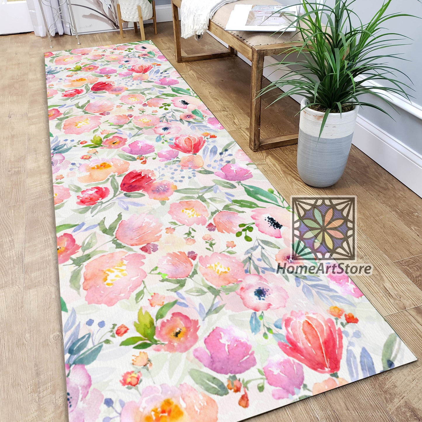 Watercolor Flower Pattern Boho Rug, Colorful Floral Runner Rug, Kitchen Carpet, Hallway Runner Rug, Floral Carpet