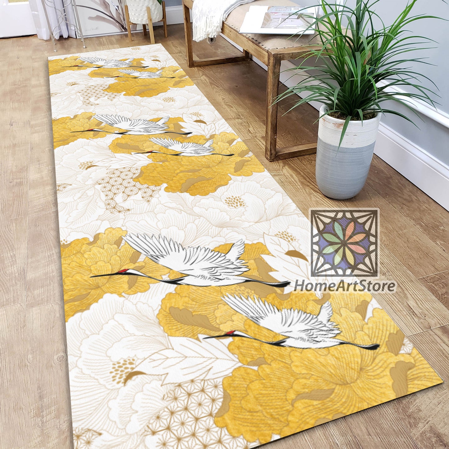 Gold Color Floral Rug, Retro Style Kitchen Runner Carpet, Abstract Mat, Crane Bird Rug