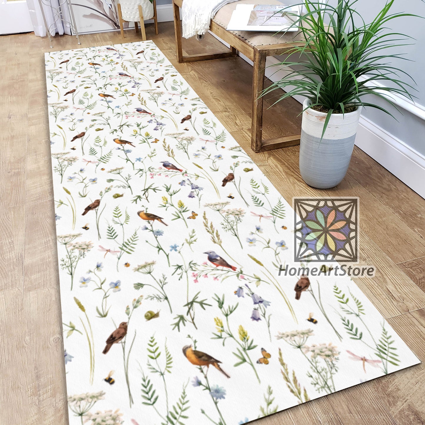 Cute Birds Pattern Runner Rug, Floral Runner Carpet, Plant and Flower Mat, Entryway Runner Rug
