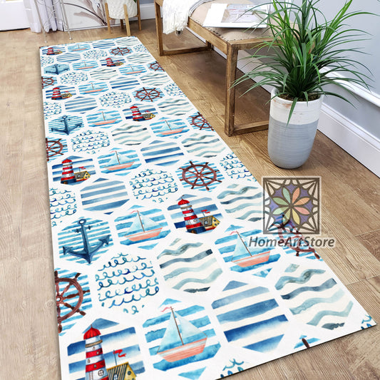 Marine Style Coastal Runner Rug, Sea Runner Mat, Summer House Decor, Ocean Carpet, Tropical Mat, Hawaiian Gift