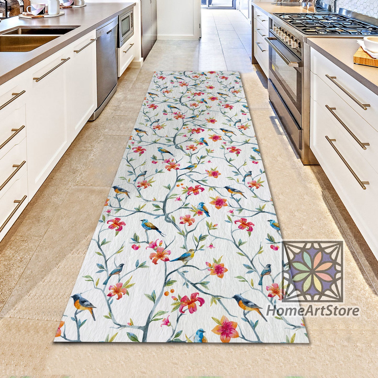 Floral Pattern Runner Rug, Watercolor Flower Carpet, Hallway Runner Rug, Birds Printed Runner Mat, Kitchen Runner Rug