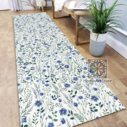 Blue Meadow Flowers Pattern Rug, Floral Kitchen Runner Rug, Bohemian Carpet, Corridor Runner Mat