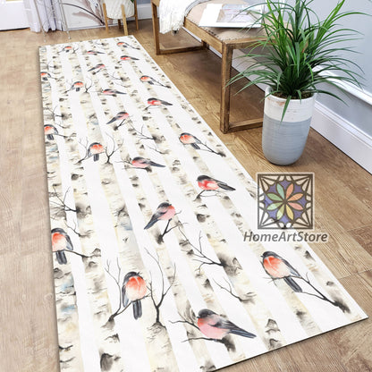 Forest And Birds Themed Rug, Corridor Runner Mat, Bohemian Decor, Cute Birds Pattern Runner Carpet