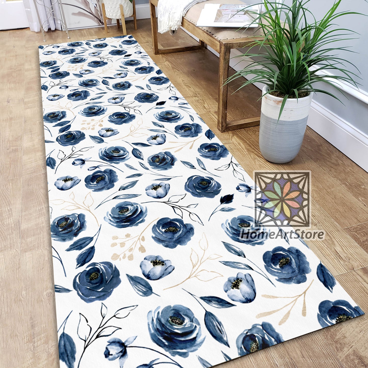 Blue Color Roses Pattern Runner Rug, Kitchen Runner Mat, Floral Carpet, Flower Home Decor