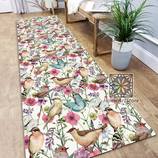 Pretty Birds Themed Rug, Meadow Flower Carpet, Kitchen Runner Rug, Hallway Runner Mat, Floral Runner Rug, Nature Decor