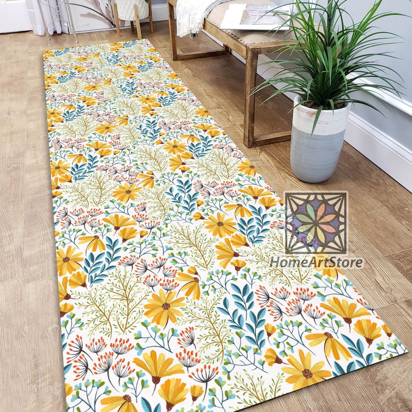 Spring Floral Runner Rug, Kitchen Runner Mat, Hallway Runner Carpet, Yellow Flower Runner Rug, Boho Carpet