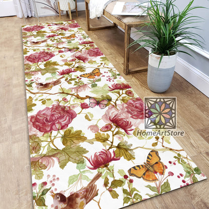 Red Flowers Pattern Runner Rug, Butterfly Themed Carpet, Modern Floral Runner Rug, Boho Decor