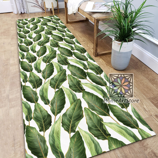 Palm Leaves Pattern Rug, Kitchen Boho Runner Rug, Green Color Leaf Carpet, Tropical Runner Rug, Hawaiian Decor