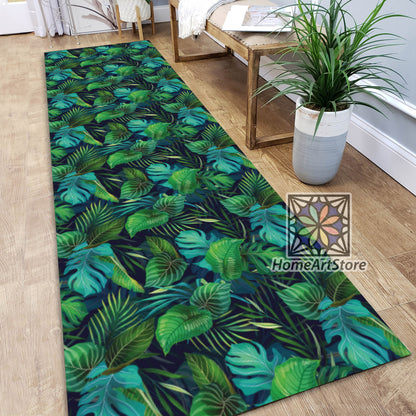 Exotic Leaves Pattern Rug, Tropical Home Decor, Green Color Leaf Carpet, Hawaii Jungle Runner Rug, Hallway Runner Rug