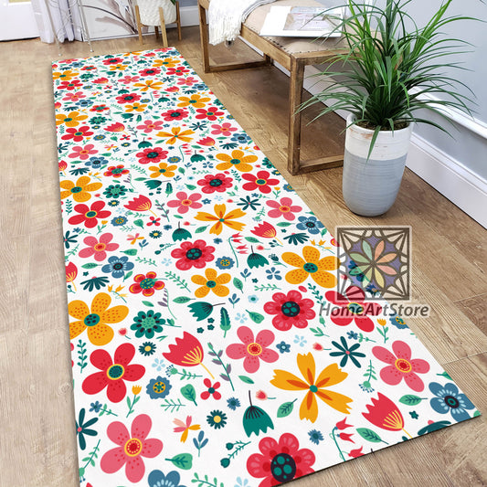 Colorful Floral Pattern Runner Rug, Modern Boho Decor, Flowers Pattern Kitchen Carpet, Bohemian Carpet