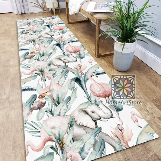 Flamingo Pattern Runner Rug, Tropical Carpet, Corridor Runner Mat, Exotic Floral Decor