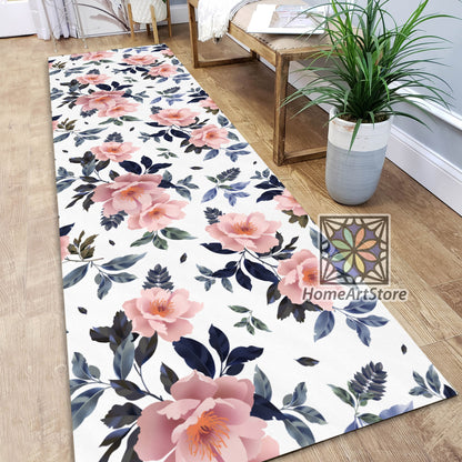 Pastel Color Floral Runner Rug, Pink Flower Carpet, Hallway Runner Mat, Housewarming Gift for Her