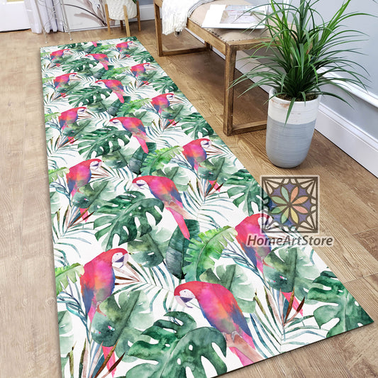 Exotic Floral Runner Rug, Parrot Themed Carpet, Tropical Pattern Runner Mat, Bohemian Decor, Cool Hallway Runner Rug