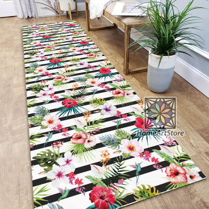Black and White Striped Runner Rug, Colorful Tropical Carpet, Kitchen Runner Mat, Boho Floral Rug, Bohemian Carpet