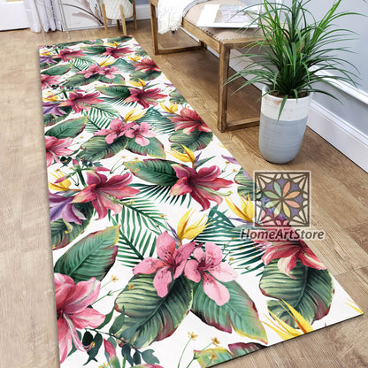 Tropical Runner Rug, Colorful Flowers Hallway Carpet, Floral Runner Mat, Kitchen Decor