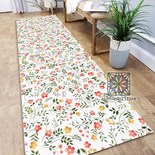 Flower Pattern Runner Rug, Boho Style Carpet, Bohemian Decor, Flower Runner Rug, Entryway Runner Mat