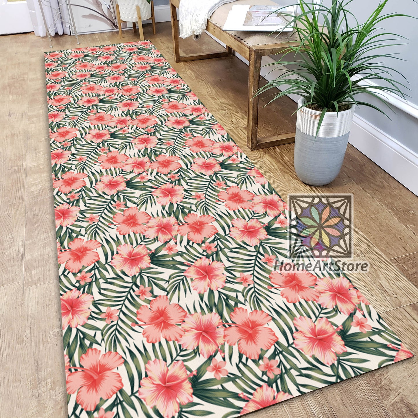 Pink Hibiscus Flower Pattern Rug, Tropical Palm Leaves Themed Runner Rug, Boho Runner Carpet, Hawaii Decor