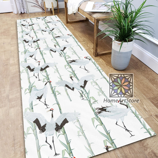 Crane Bird Pattern Runner Rug, Bamboo Pattern Kitchen Runner Rug, Animal Printed Decor