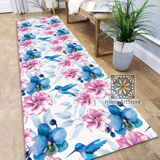 Blue Orchid Flowers Rug, Pink Floral Runner Carpet, Hallway Runner Mat, Modern Home Decor