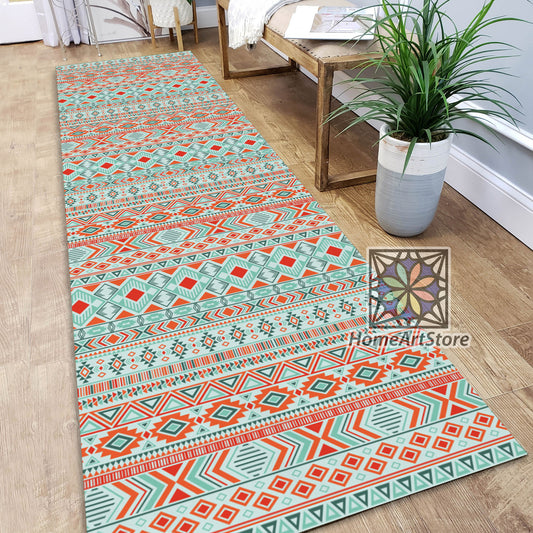 Aztec Runner Rug, Colorful Tribal Carpet, Ethnic Motif Pattern Runner Rug, Geometric Kitchen Runner Mat