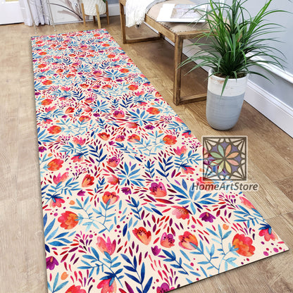 Floral Pattern Runner Carpet, Kitchen Runner Rug, Entryway Runner Mat, Colorful Flower Decor
