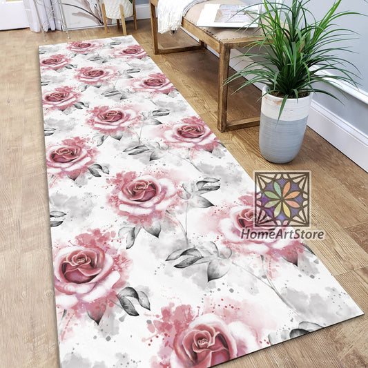 Pink Rose Pattern Runner Rug, Hallway Runner Rug, Entryway Carpet, Flowers and Leaves Decor