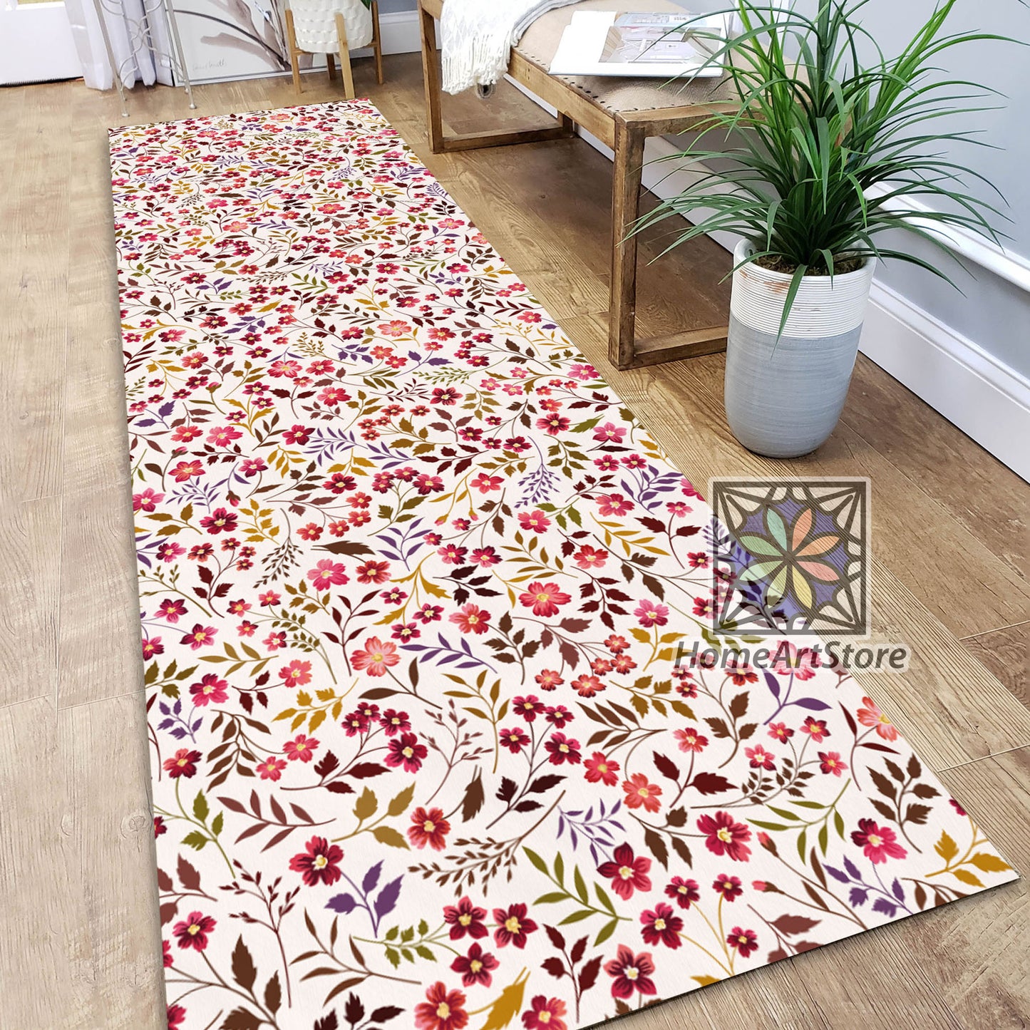 Red Meadow Flower Runner Rug, Boho Runner Carpet, Kitchen Runner Mat, Floral Hallway Rug