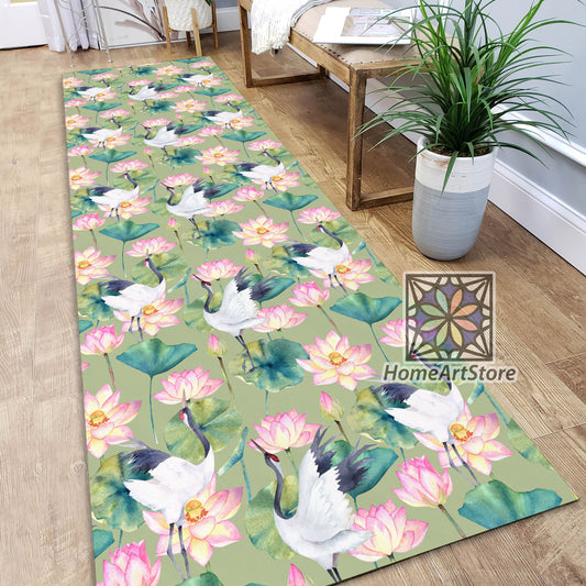 Lotus Flower Runner Rug, Bird Themed Runner Mat, Corridor Runner Carpet, Hallway Home Decor