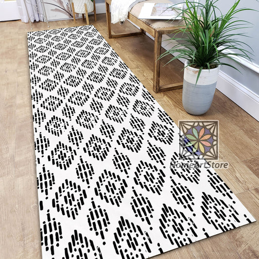 Black and White Boho Runner Rug, Ethnic Kitchen Runner Carpet, Diamond Pattern Hallway Runner Mat, Geometric Decor