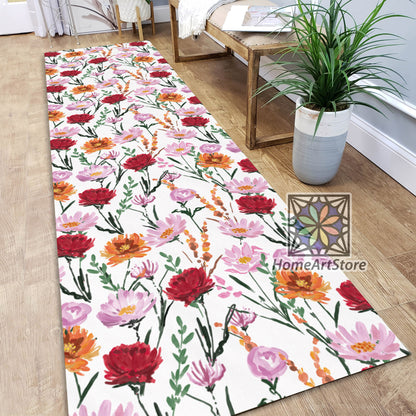 Colorful Flowers Runner Rug, Floral Blooming Pattern Runner Carpet, Boho Runner Rug, Botanic Decor