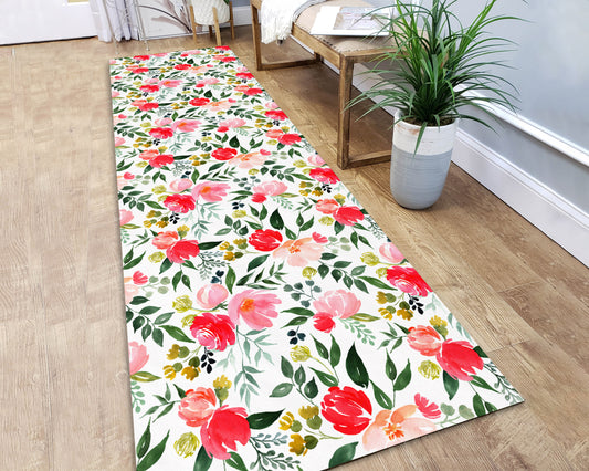 Pink Flower Pattern Runner Rug, Boho Style Kitchen Runner Mat, Hallway Runner Carpet, Floral Rug