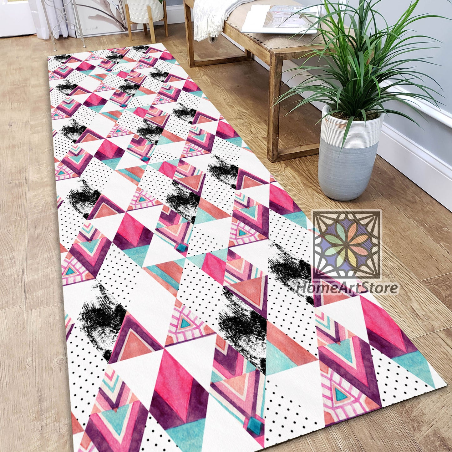 Geometric Runner Rug, Colorful Kitchen Runner Mat, Bohemian Carpet, Nonslip Runner Rug, Corridor Runner Rug
