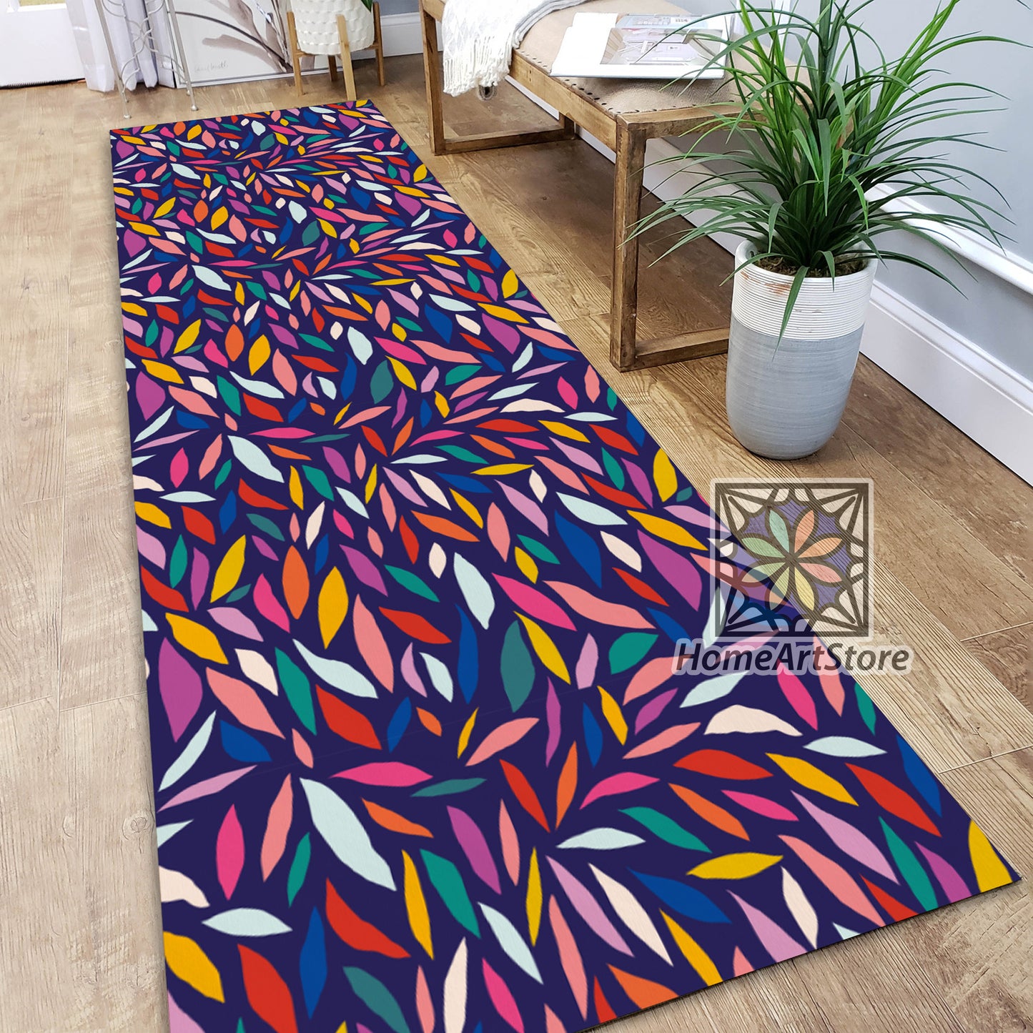 Colorful Leaf Pattern Rug, Modern Line Art Rug, Geometric Shape Pattern Runner Rug, Trendy Kitchen Decor, Boho Carpet