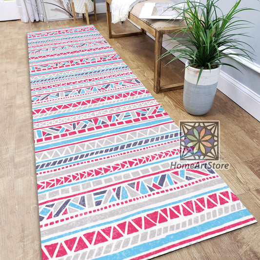 Colorful Geometric Rug, Ethnic Runner Rug, Boho Style Decor, Striped Kitchen Runner Carpet, Tribal Motif Mat
