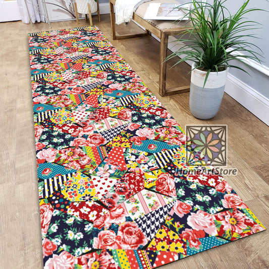 Patchwork Pattern Runner Rug, Rose Themed Carpet, Flower Runner Mat, Colorful Kitchen Runner Rug