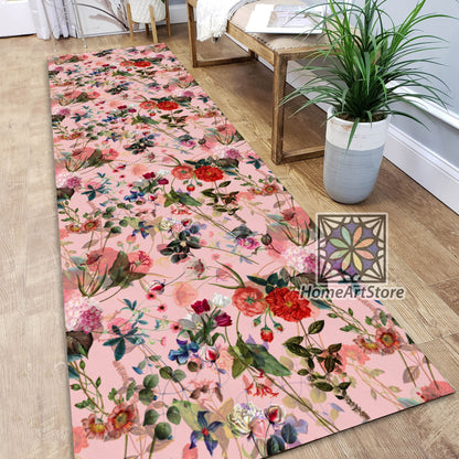 Exotic Forest Themed Runner Rug, Powder Color Runner Rug, Corridor Runner Carpet, Tropical Home Decor, Floral Runner Rug