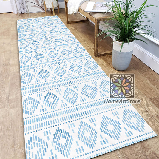 Blue Geometric Runner Rug, Boho Style Runner Rug, Kitchen Runner Carpet, Tribal Hallway Runner Mat