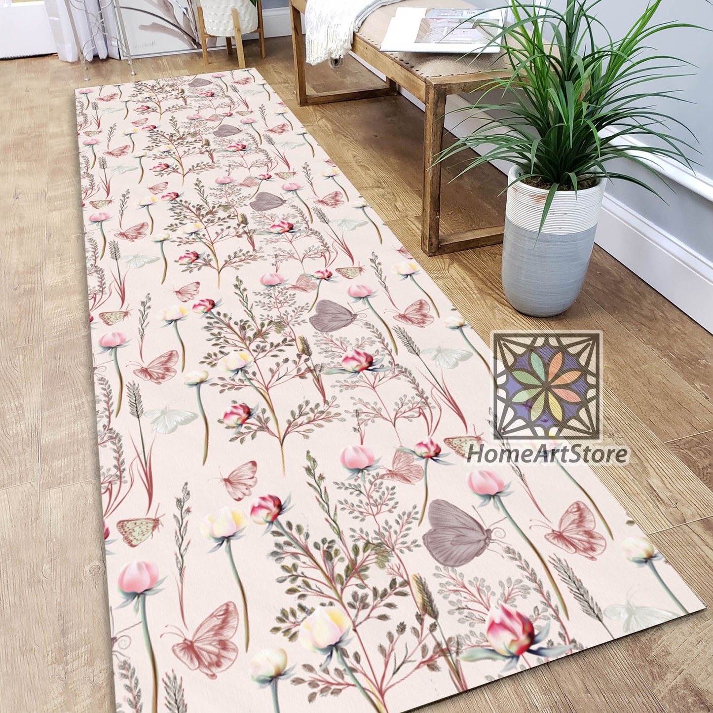 Butterfly Pattern Runner Rug, Flower Carpet, Plants Themed Kitchen Runner Mat, Hallway Runner Carpet
