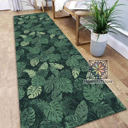 Green Tropical Palm Leaves Rug, Coastal Runner Rug, Botanical Carpet, Botanic Mat, Hallway Runner Rug