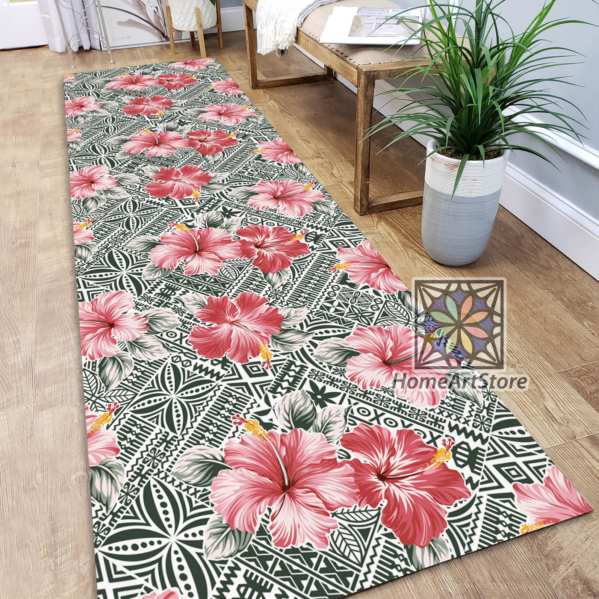 Flower Rug Pattern Pink Hibiscus Flower Pattern Rug, Hawaiian Decor, Tribal Motif Carpet ...