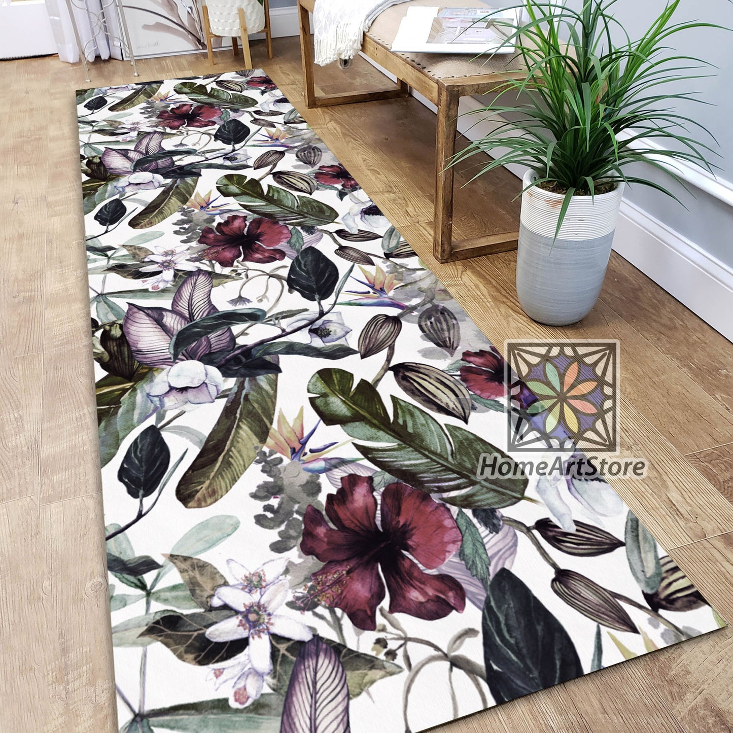 Magnolia Themed Runner Rug, Tropical Themed Kitchen Carpet, Boho Home Decor, Hawaii Hallway Runner Rug