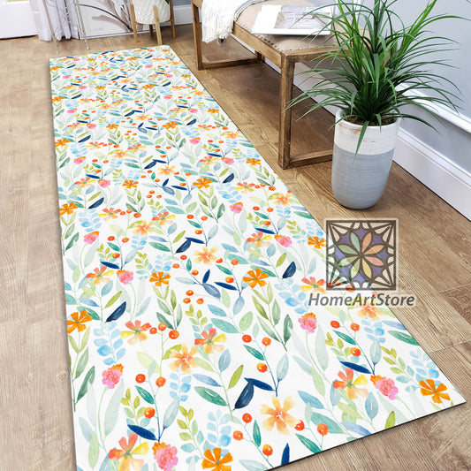 Botanical Runner Rug, Pastel Color Floral Carpet, Kitchen Runner Mat, Hallway Runner Mat, Boho Decor