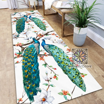 Peacock Pattern Runner Rug, Modern Runner Carpet, Floral Decor, Hallway Runner Mat, Animal Printed Boho Rug