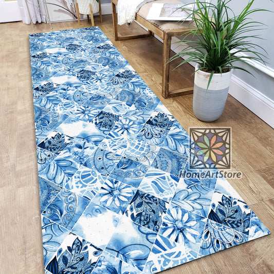 Blue Boho Runner Rug, Ceramic Tile Pattern Runner Rug, Patchwork Carpet, Kitchen Runner Mat